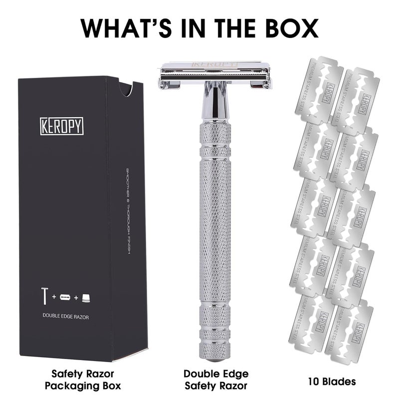 Keropy Men's Safety Razor Double Edge with 10 Blades – Reusable Metal Shaver for a Close, Smooth & Irritation-Free Wet Shave, Eco-Friendly Grooming Kit for Men - Image 4